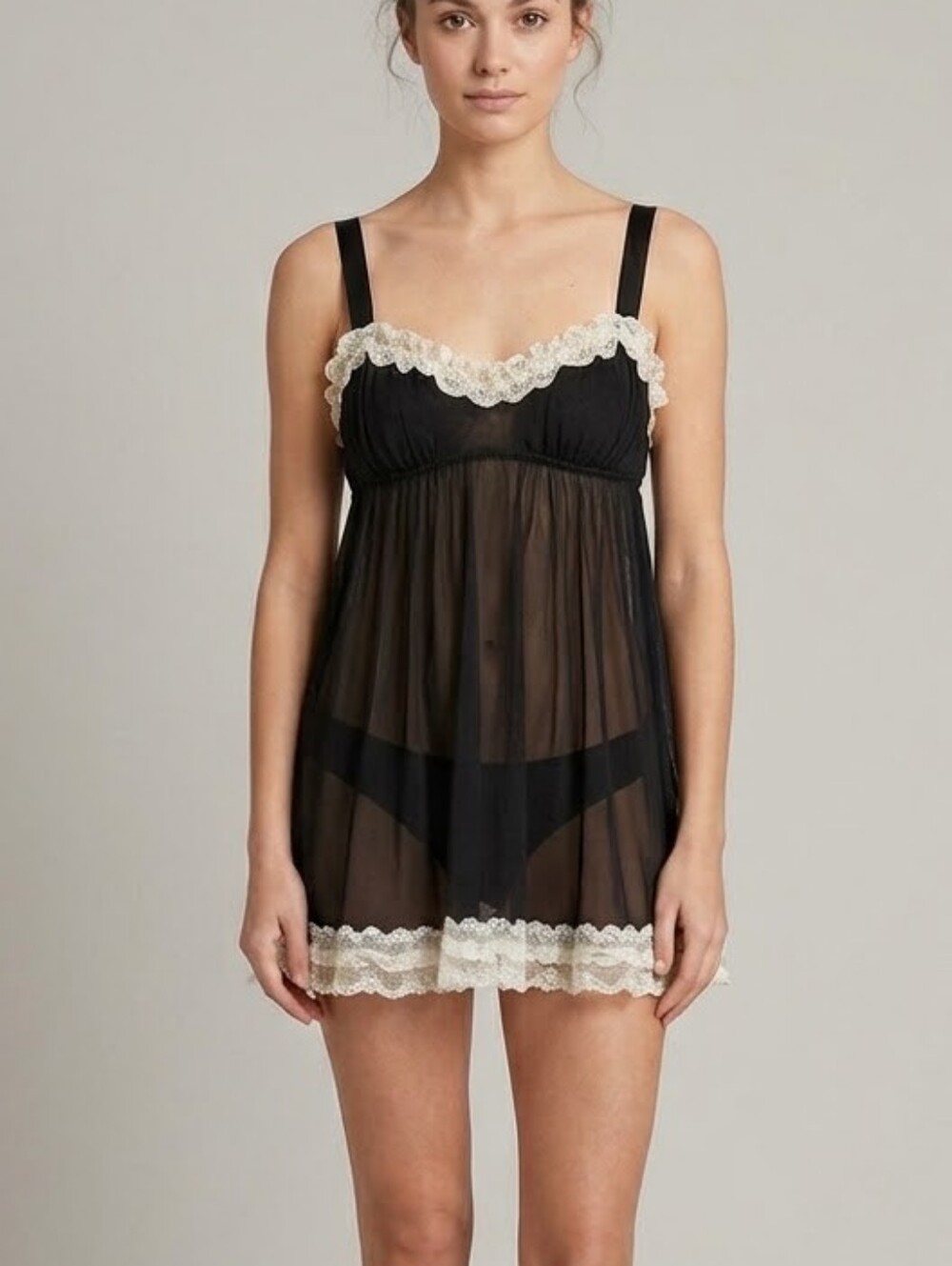 Victoria's Secret Black Sheer Babydoll with White Lace Trim